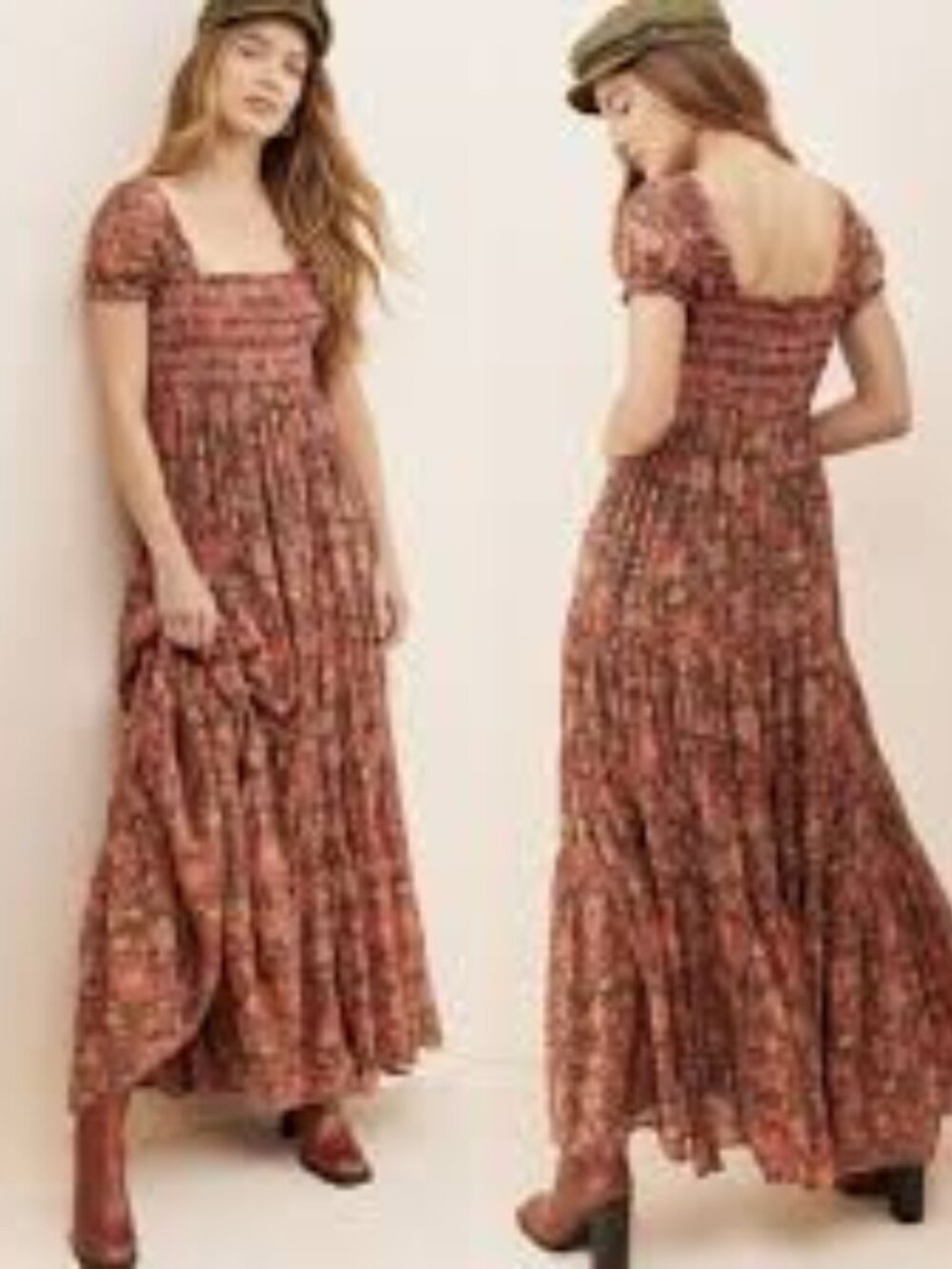 Red Floral Print Square Neck Tiered Maxi Dress Free People Size Large
